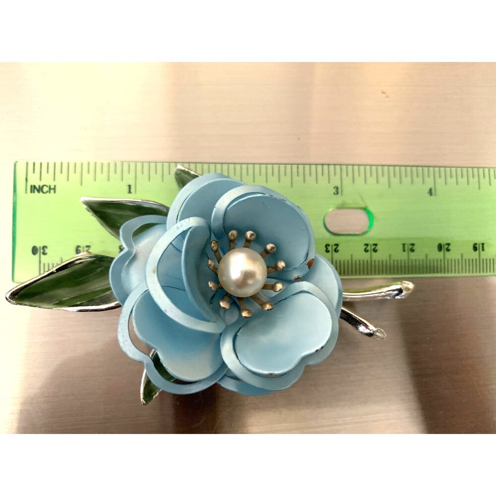 Vintage Baby Blue Enamel Flower Brooch Silver Tone White Faux Pearl